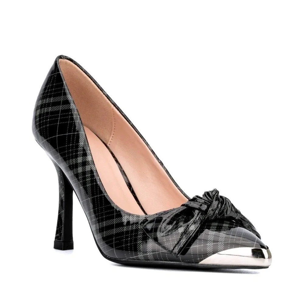 New York & Company Wendy Metal Accent Bow Pump Black Grey Plaid Stiletto Size 9‎